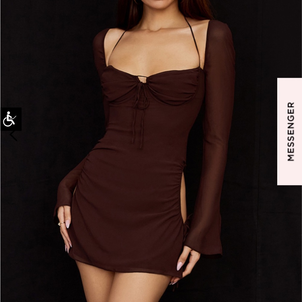 House of CB CHOCOLATE CHIFFON CUTOUT HALTER MINI DRESS